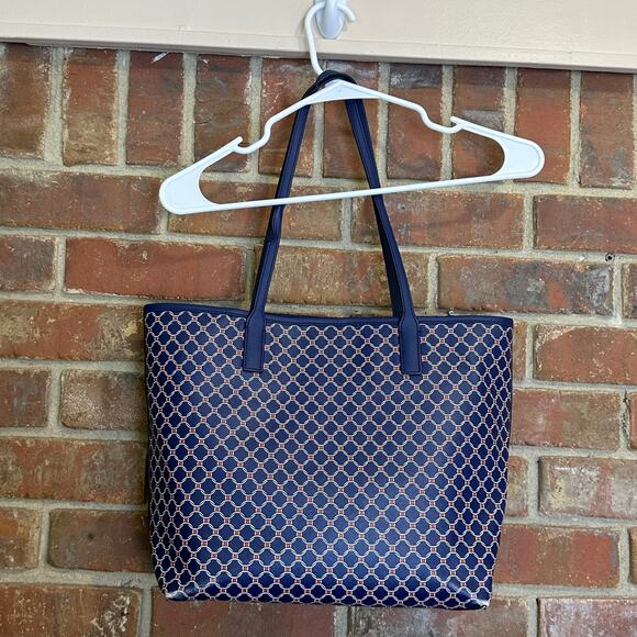 Talbots Printed Saffiano Tote Bag Blue White Red Weave - Picture 5 of 15
